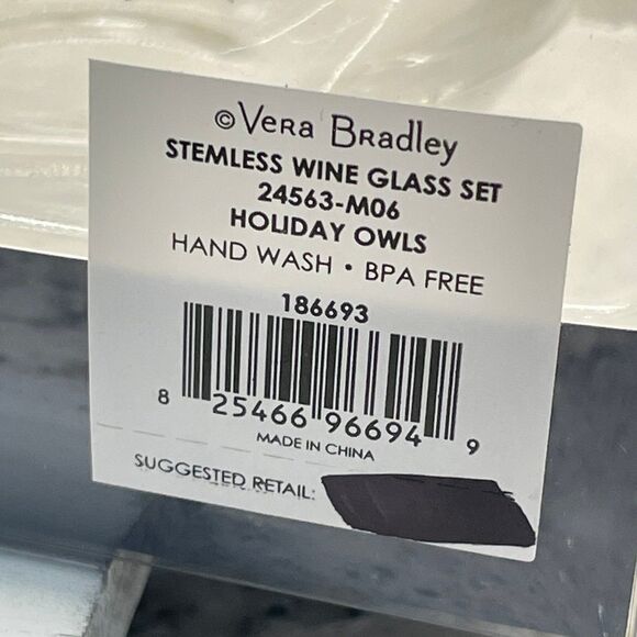 NEW Vera Bradley Holiday Owls Stemless Wine Glasses Set of 2 16oz. - Picture 5 of 7